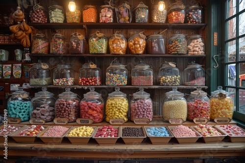 Wallpaper Mural A vibrant and enticing array of assorted candies presented in large jars in a cozy store setting, evoking a sense of nostalgia and delight Torontodigital.ca