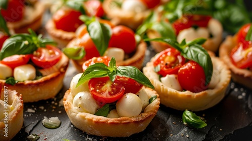 Close-up of Mini Tomato and Cheese Appetizers on Tray
