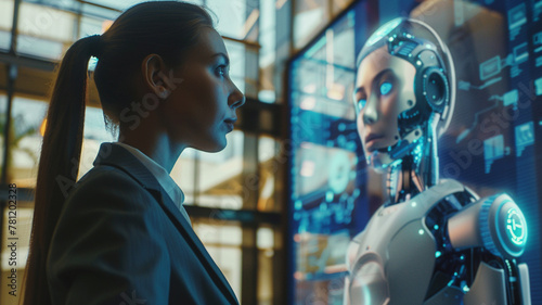 A businesswoman in a suit with a robot on a modern office interior background