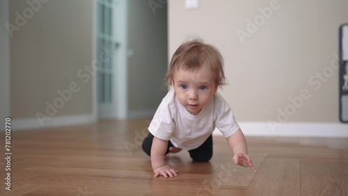 newborn baby crawls. happy family a kindergarten concept. First steps, crawling baby, view from the back. baby learns to crawl to explore the world of dreams lifestyle. the first steps creep up