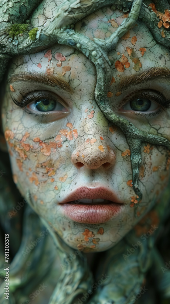 Forest Nymph With Cracked Foliage Skin And Green Eyes