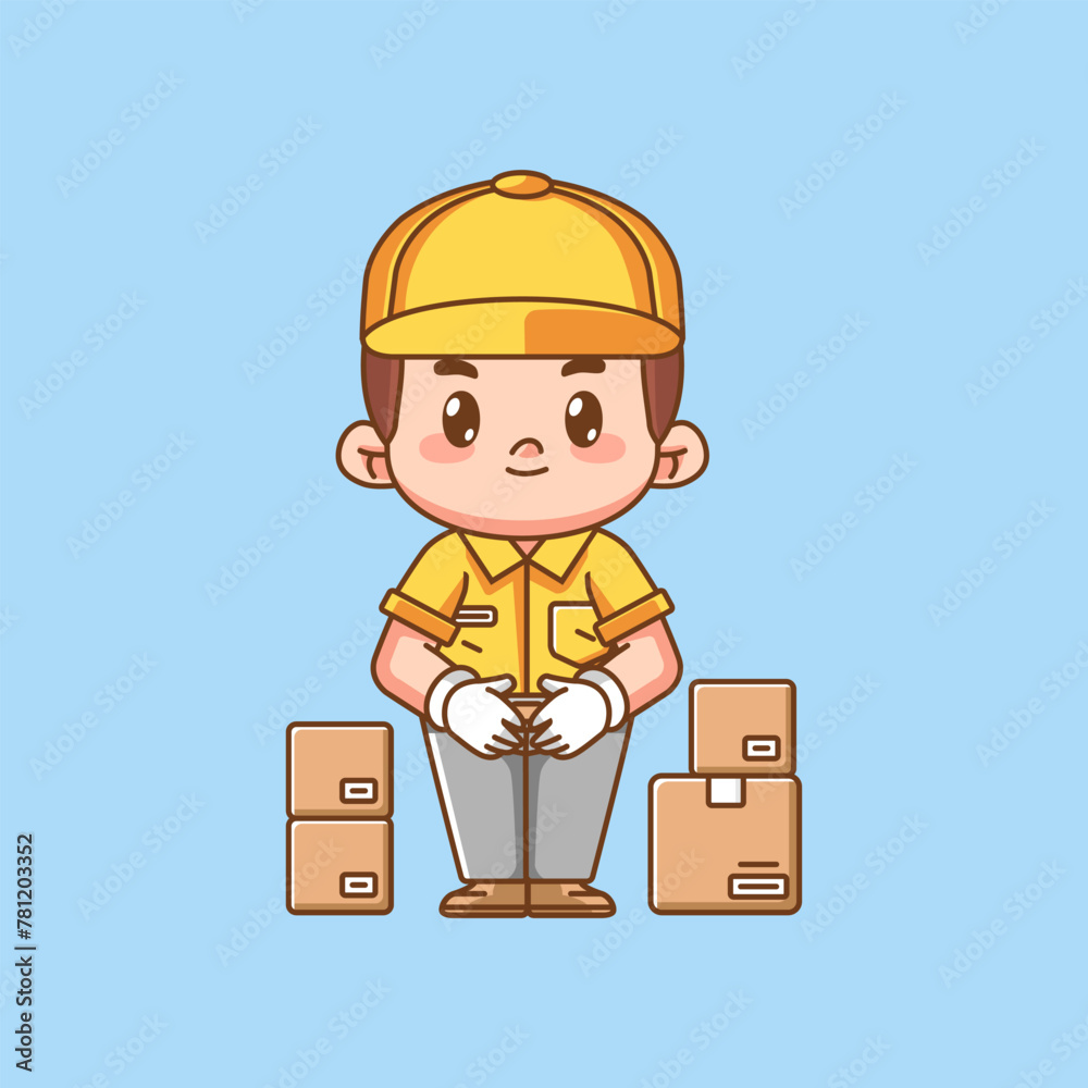 Cute polite male courier package delivery kawaii chibi character mascot ...