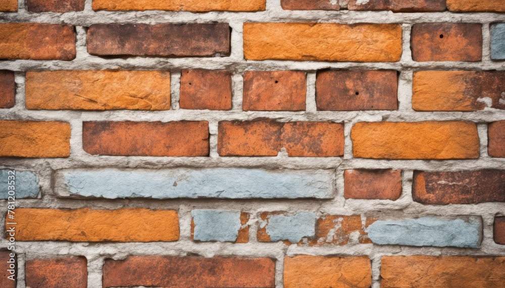 Detailed texture of a multicolored brick wall, with varying shades of orange and blue, perfect for background and design use. AI Generation