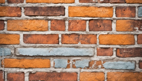 Detailed texture of a multicolored brick wall, with varying shades of orange and blue, perfect for background and design use. AI Generation