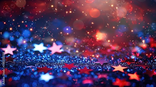 Shimmering glittering blue red and white stars lit by light festive patriotic background