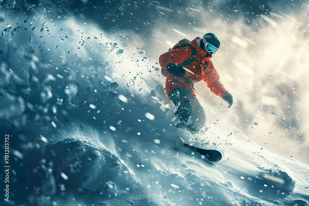 A snowboarding slope on a frozen cloud, where riders carve through ethereal snowflakes and race down A snowboarding slope on a frozen cloud, where riders carve through ethereal snowflakes and race down