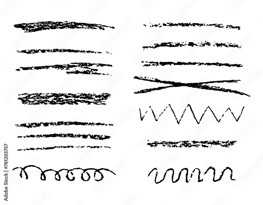 Set of textures and doodles with grunge from a pencil. Brushes and marker. Elements. Sketchy and Scratchy. Hand drawn line and stroke. The ink is curve. Stripe and underline. Squiggles chalk. Vector