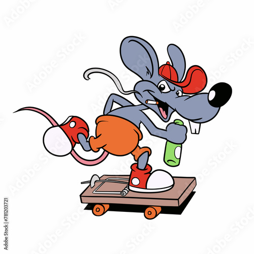 Mouse Riding a Mousetrap Skateboard Vector Cartoon Illustration
