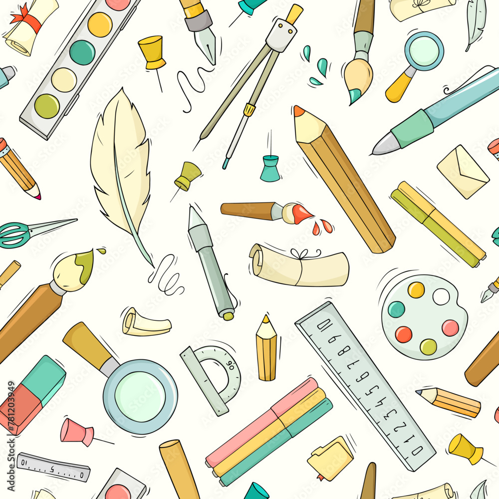 Seamless pattern with school and office stationery. Education concept background with study supplies, pencils, pen, ruler, eraser, paints and brush, vector cartoon illustration - obrazy, fototapety, plakaty 