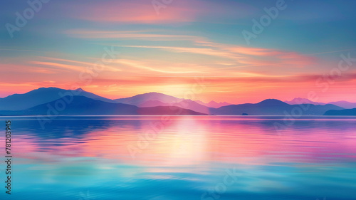 panoramic view of a beautiful colorful sunset over the sea with mountains.