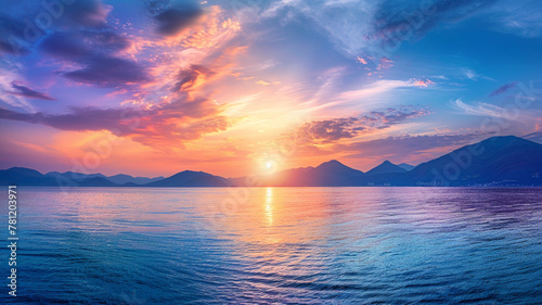 panoramic view of a beautiful colorful sunset over the sea with mountains.