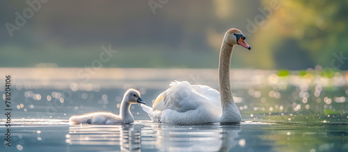 Swan and Cygnet: Swans are graceful aquatic birds known for their long necks and elegant movements. Cygnets are the young of swans, hatched from eggs after an incubation period of around six weeks  photo