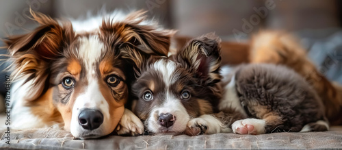 Sheepdog and Puppy Sheepdogs are working dogs bred for herding livestock, particularly sheep. Puppies are the offspring of sheepdogs, born after a gestation period of around two months  photo