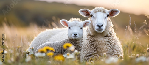 Sheep and Lamb: Sheep are docile herbivores prized for their wool and meat. Lambs are the young of sheep, born after a gestation period of about five months photo