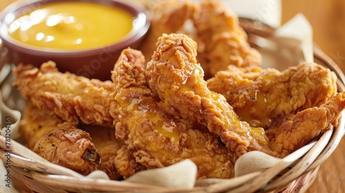 Crispy fried chicken tenders with honey dipping sauce photo