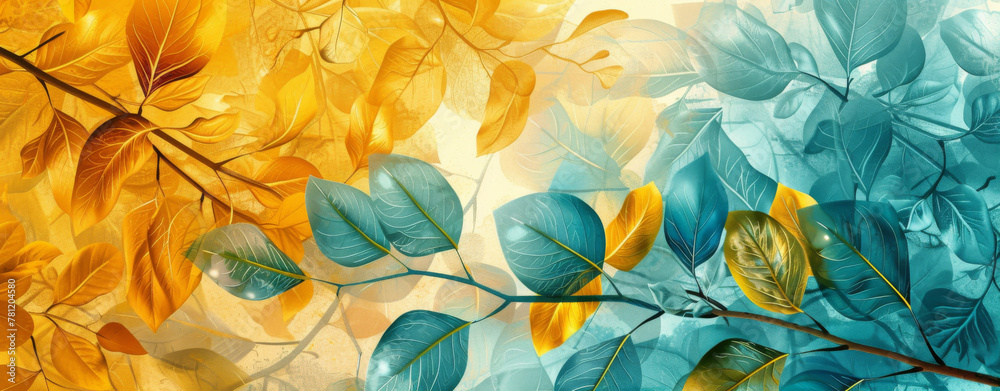 turquoise and yellow leaves, gold branches, dark background, hyper realistic oil painting in the style of close up