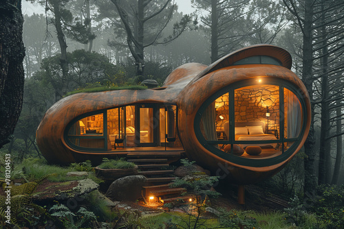 An enchanted forest retreat where trees shape themselves into accommodations, cradling guests in liv photo