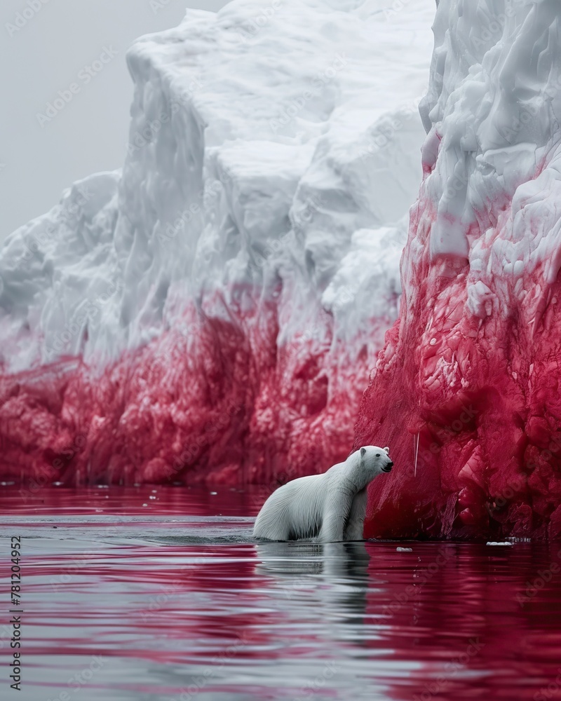 polar bear traversing the crimsontinted icebergs, emphasizing the