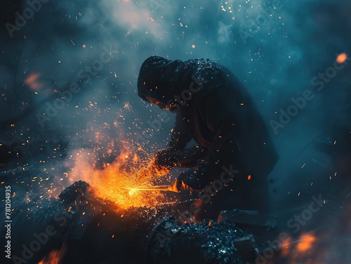 blacksmith forging a mighty hammer amidst swirling mist and sparks, capturing the essence of craftsmanship and power. The orange glow of molten metal contrasts with the cool blues