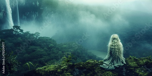 Venezuelan beauty with platinum blonde hair, elegantly positioned amidst the lush greenery of Canaima National Park. The mist from Angel Falls in the background adds an ethereal quality photo