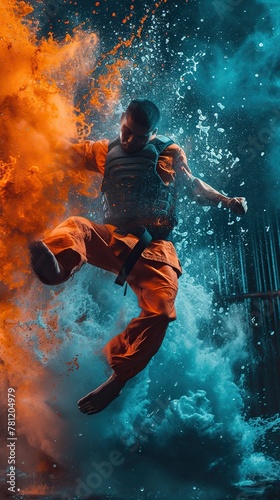 martial artist executing a powerful kick while wearing a bulletproof vest, showcasing the versatility of the protective gear. High-speed photography freezes the motion, and the color palette 