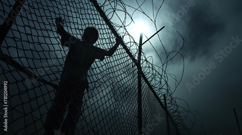 Young escapee scaling a chain-link fence topped with barbed wire, emphasizing the physical and emotional challenges of the escape.