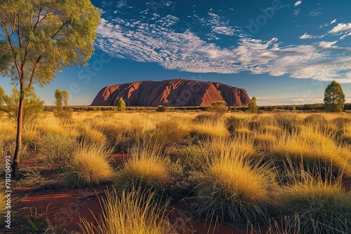 Uluru (Ayers Rock) standing against a backdrop of the vast Australian outback. The play of light and shadow accentuates the rock's majestic presence, creating a powerful and awe-inspiring composition.