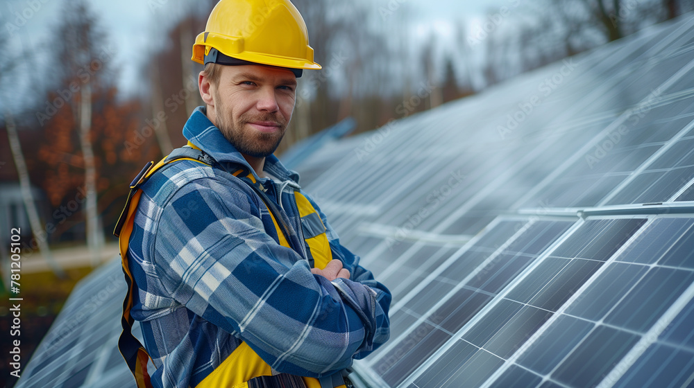 Obraz premium A confident engineer stands with arms crossed in front of solar panels on the roof