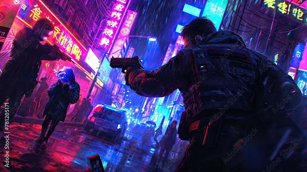 Futuristic law enforcement officer in a cyberpunk setting, instructing a suspect to drop a high-tech weapon.