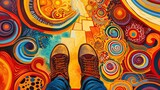Pair of feet stepping confidently onto a vibrant, abstract path of swirling patterns and symbols. The image encourages embracing the urge to embark on unique journeys and forge one's path in life.
