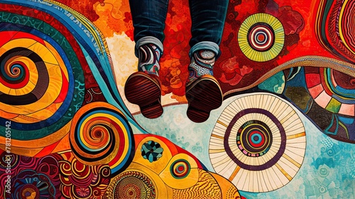 Pair of feet stepping confidently onto a vibrant, abstract path of swirling patterns and symbols. The image encourages embracing the urge to embark on unique journeys and forge one's path in life. photo