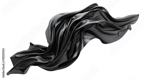 Black cloth material flying in the wind. Isolated on white background. 