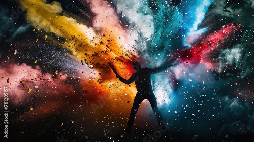 Stylized silhouette of a person confidently brandishing a shimmering blade amidst a chaotic explosion of colorful powder resembling fireworks. The overall vibe pays homage to pop art. photo