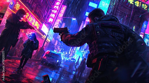 Futuristic law enforcement officer in a cyberpunk setting  instructing a suspect to drop a high-tech weapon.