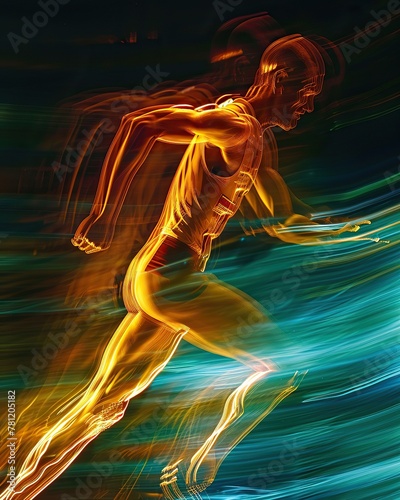 Runner in mid-stride, with muscles tensed and the determination evident in their face. photo