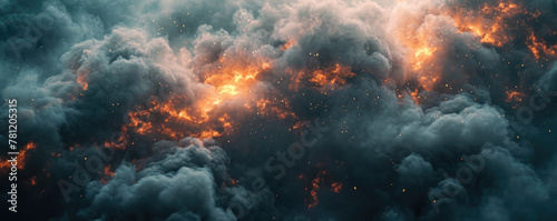 Intense flames peak through billowing dark smoke in a dramatic display of fire's destructive power.   © Александр Марченко