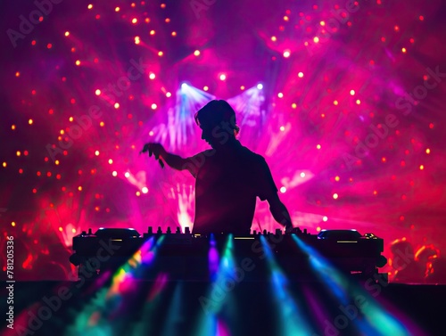 Charismatic DJ in action, surrounded by a vibrant mix of colored lights and a sea of dancing silhouettes. Perfect synchronization of the DJ's hands and the crowd's energy.