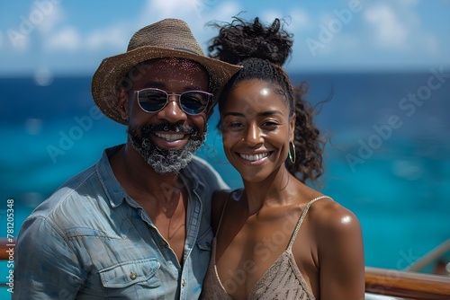 A happy Black couple on a cruise ship in the Caribbean. Concept Travel, Cruise, Caribbean, Black couple, Lifestyle