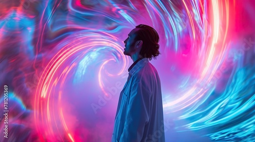 Scientist in a lab coat, confidently emerging from a burst of swirling colors and neon lights.