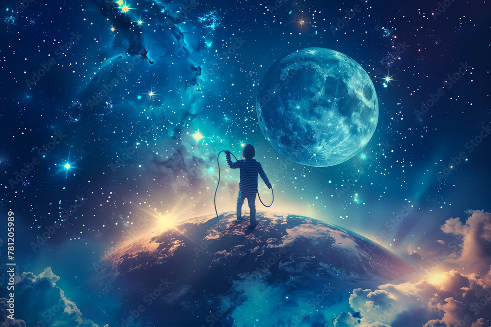 Child on earth gazing at moon, imagination and dreaming concept, cosmos.