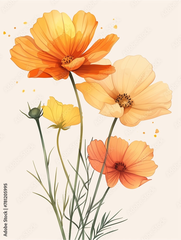 Clean and minimalistic artwork portraying yellow and peach cosmos flowers in a subdued watercolor style, accentuated by gentle lines and set against a pristine white background.