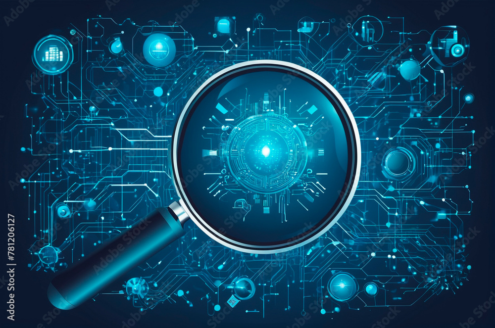 Obraz premium Magnifying glass examines artificial intelligence, in the world of digital computers, in a vector style. Generative AI
