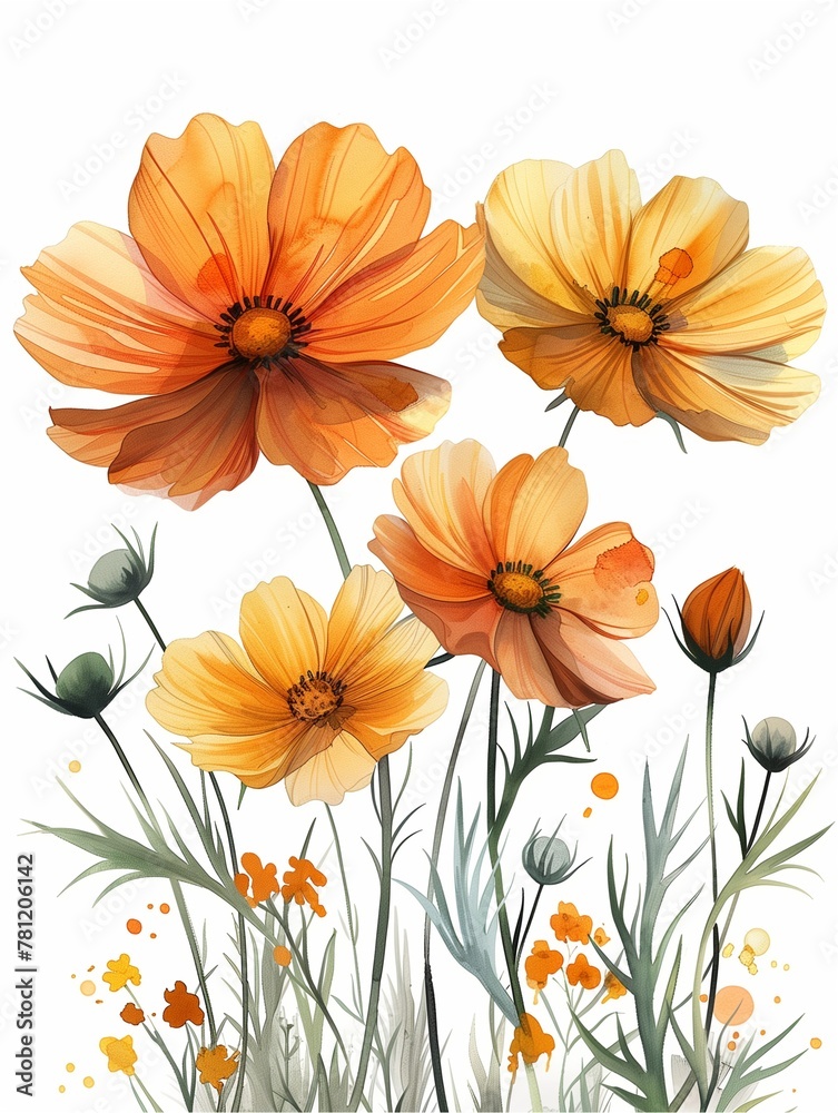 Watercolor painting illustration of yellow, orange, peach cosmos flowers against a white backdrop.