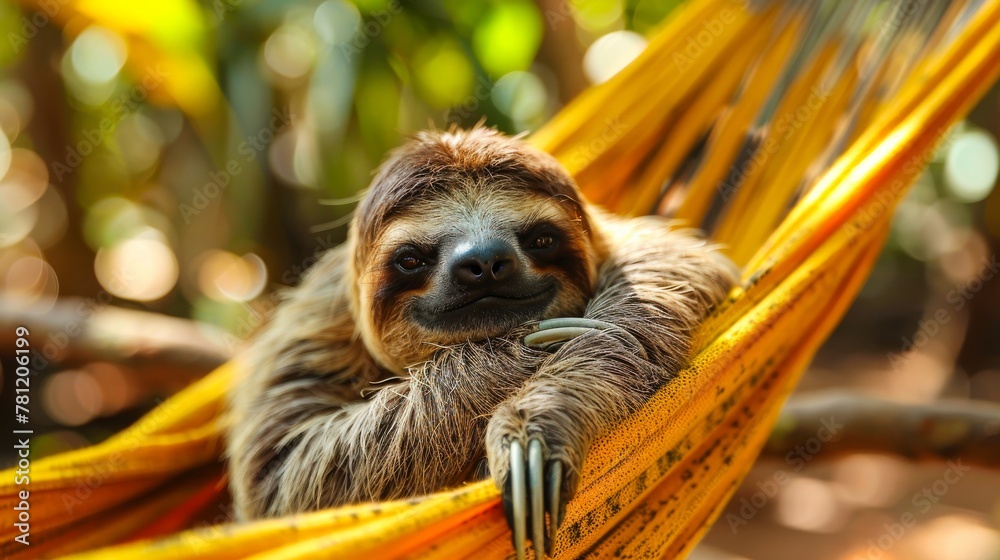 Fototapeta premium Very relaxed sloth chilling in a yellow hammock, green foliage backdrop.