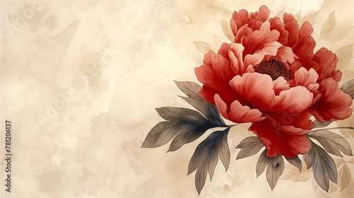 Fototapeta Naklejka Na Ścianę i Meble -  Delicate watercolor illustration capturing the graceful beauty of a dark red and white peony flower, accompanied by intricate leaves, set against a cream-colored backdrop.