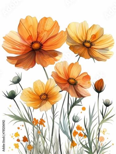 Watercolor painting illustration of yellow, orange, peach cosmos flowers against a white backdrop. © Sweet.Duck