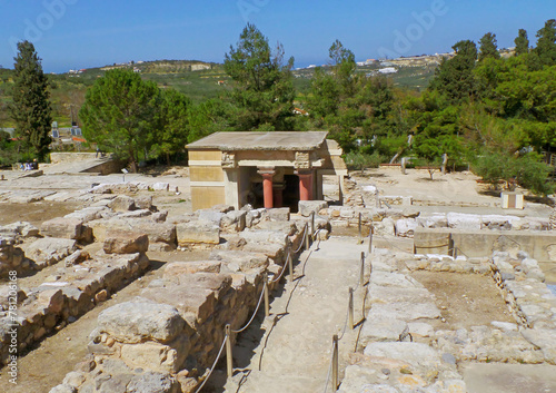 Marvelous Archaeological Site of Knossos with the North Lustral Basin Structures in Afar, Palace of Knossos, Crete Island, Greece
