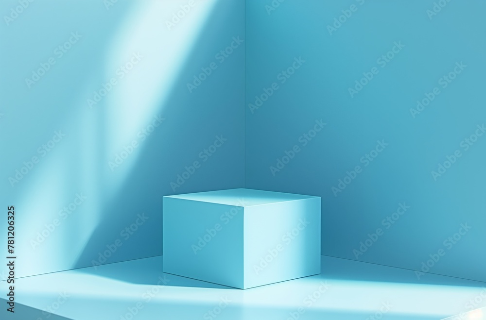 A blue cube is sitting in a room with a blue wall. The cube is empty and the room is bright and sunny A blue cube is sitting in a room with a blue wall. The cube is empty and the room is bright and sunny