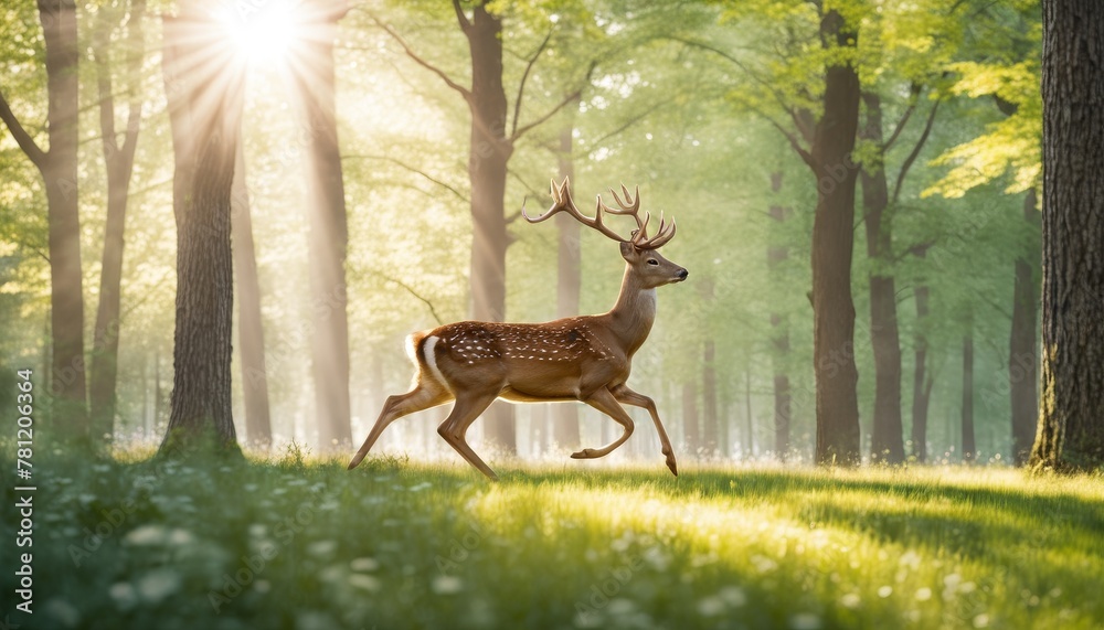 Fototapeta premium A graceful spotted deer strides through a sun-drenched forest, with beams of light casting a serene glow on the vibrant green undergrowth.. AI Generation