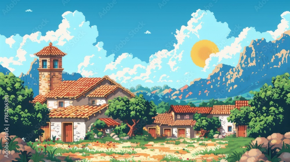 A 8 bit illustration of a small mediterranean village with a church and a houses. The sky is blue and the sun is shining. Videogame style.